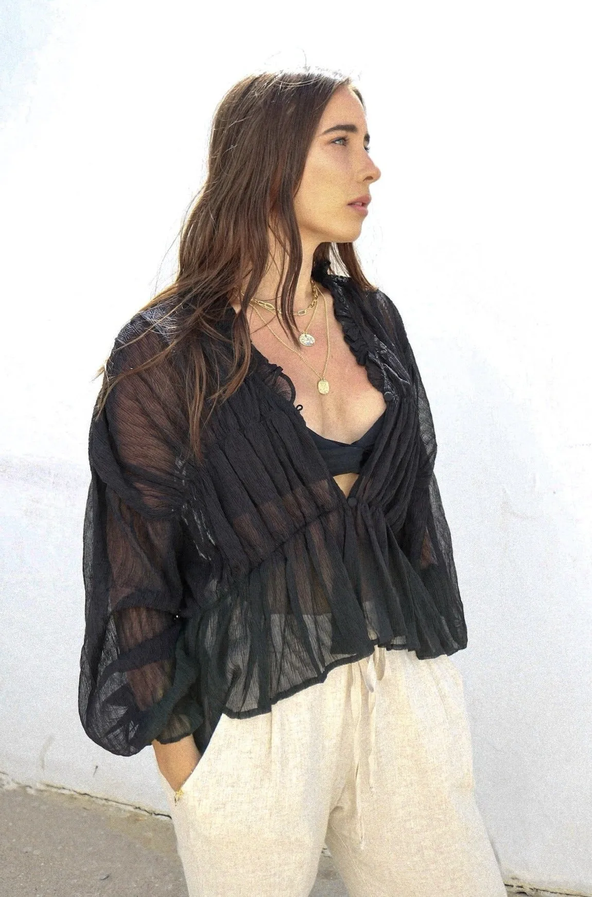 'Belrose' Cover Up Sheer Blouse in Black