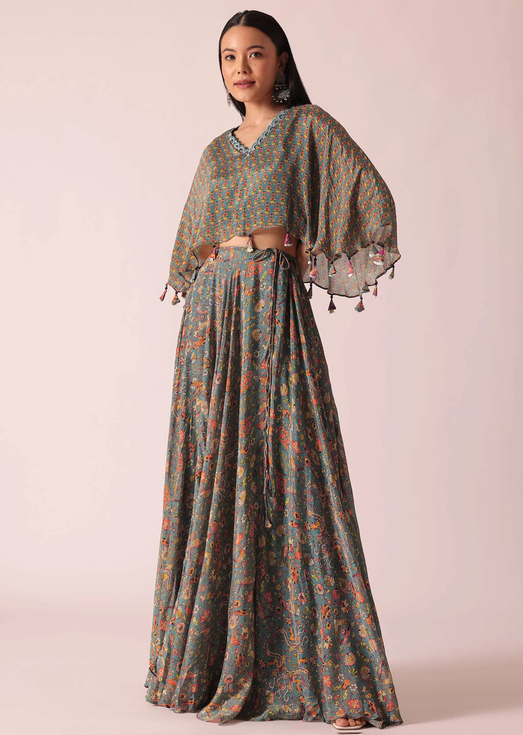 Blue Floral Print Crop Top And Lehenga Set