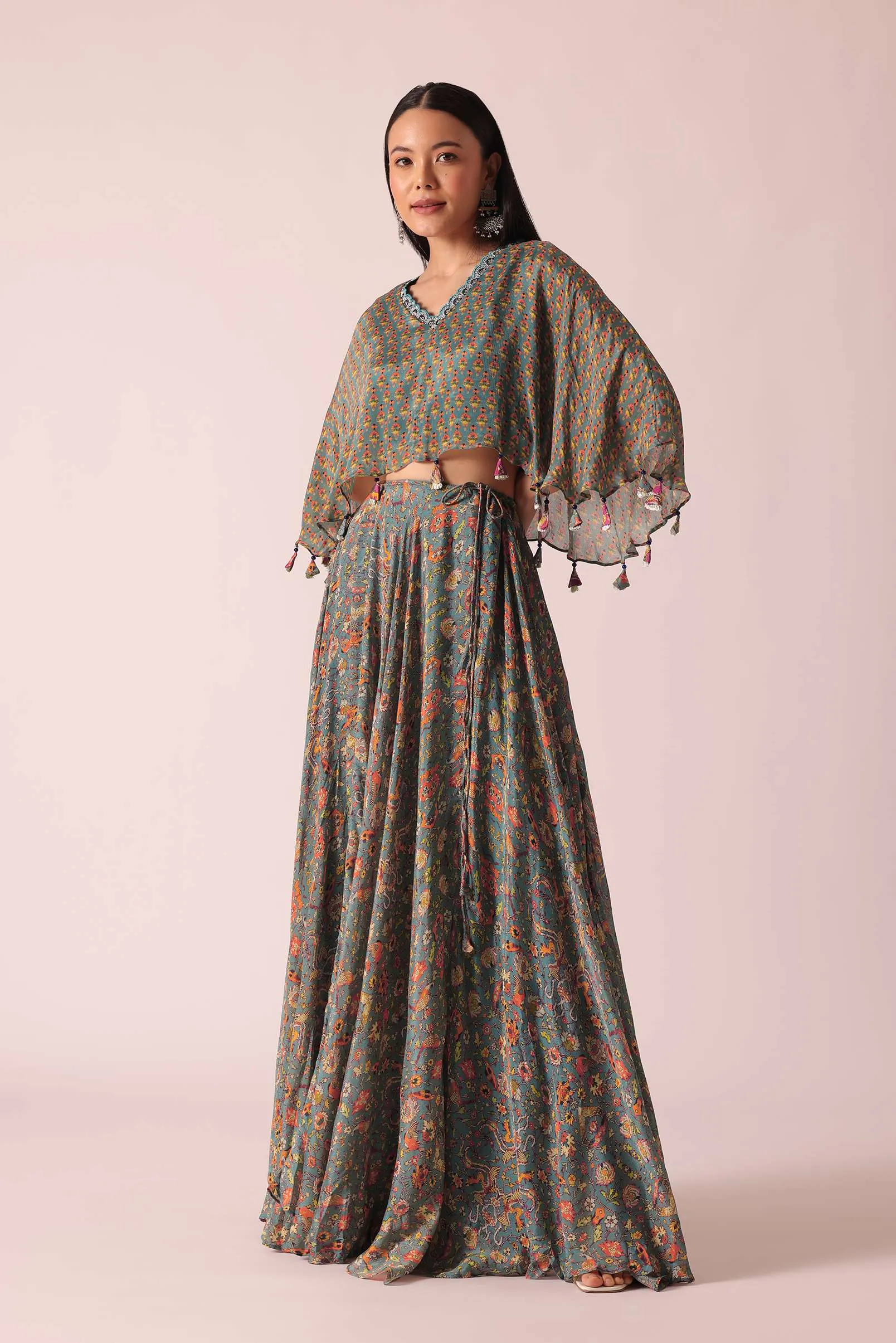 Blue Floral Print Crop Top And Lehenga Set
