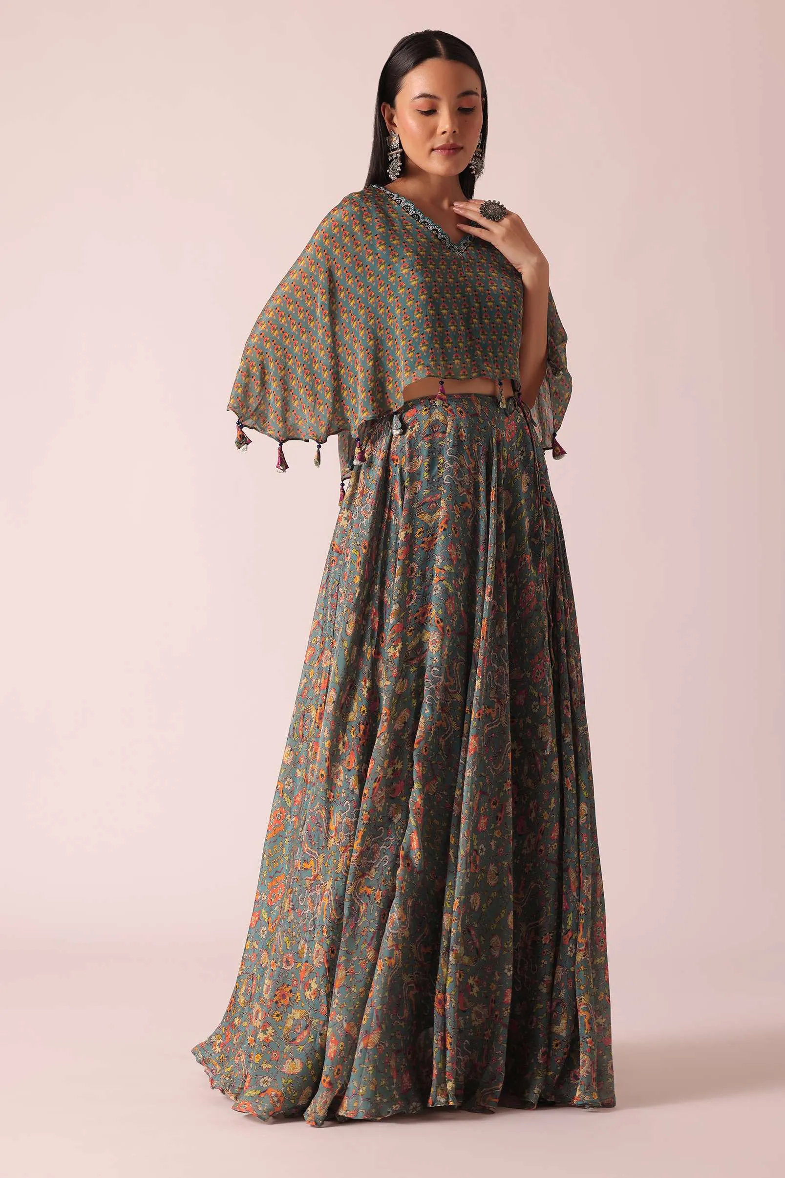 Blue Floral Print Crop Top And Lehenga Set