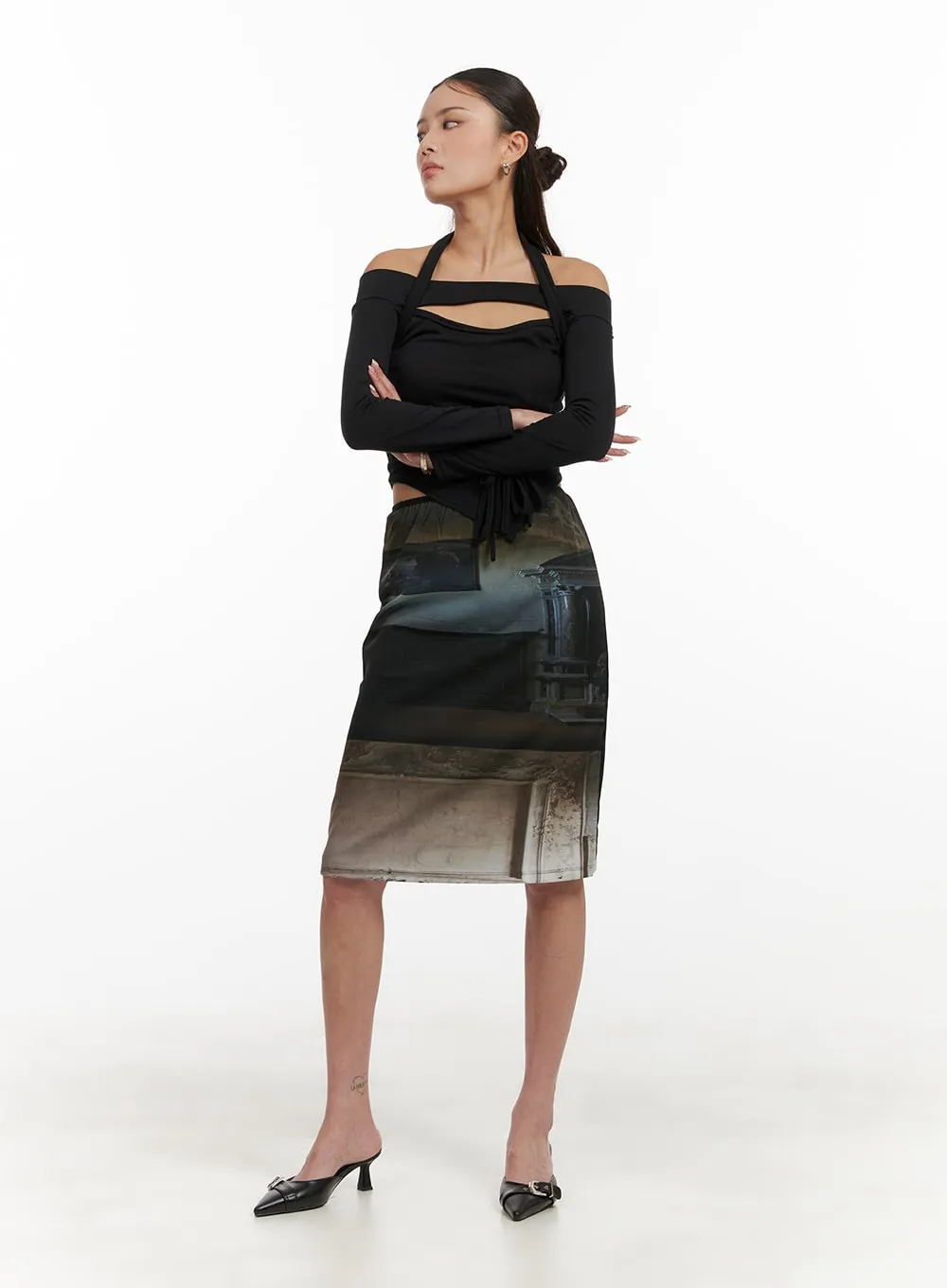 Graphic Print Midi Skirt CY402