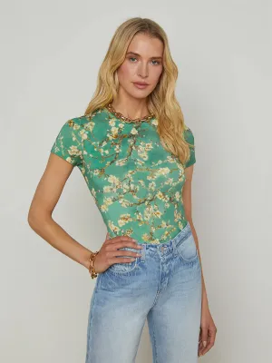 L'Agence Ressi Short Sleeve Crew in Teal Multi Watercolor Cherry Blossom