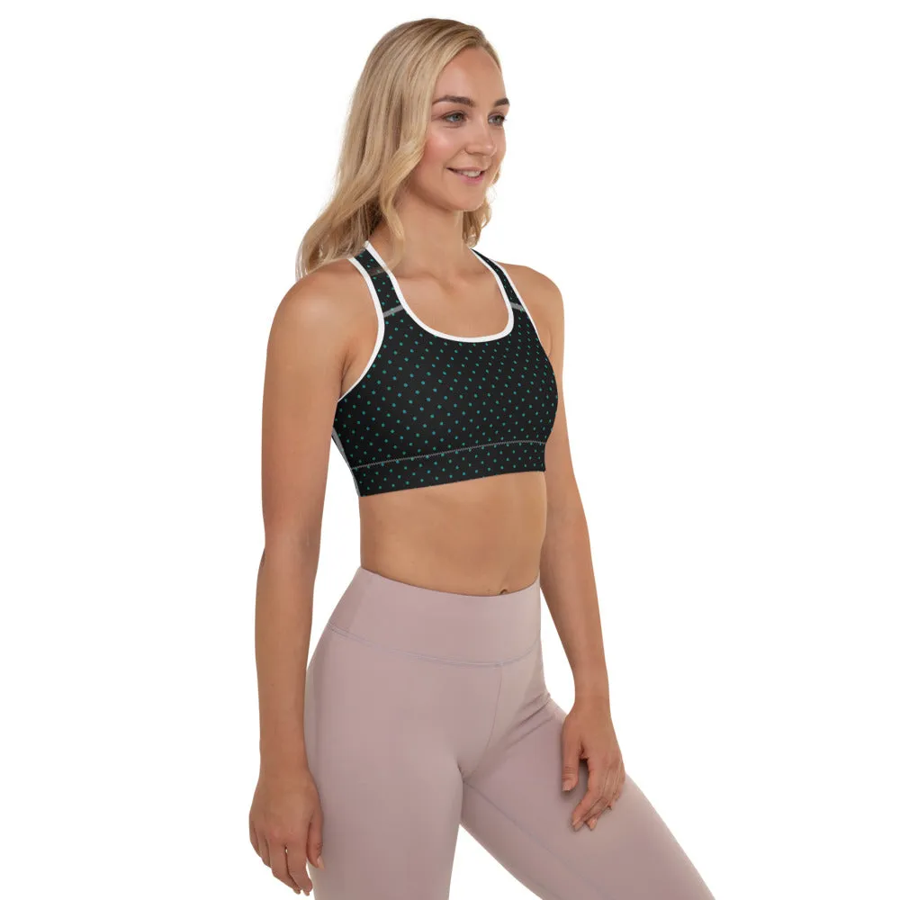 Teal Blue Dots Sports Bra, Black Polka Dots Women's Padded Workout Bra - Made in USA/ EU