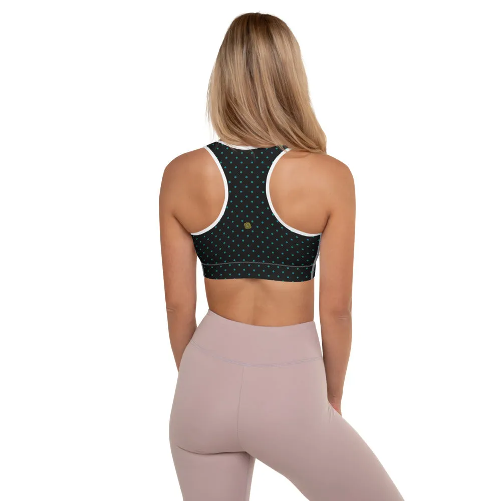 Teal Blue Dots Sports Bra, Black Polka Dots Women's Padded Workout Bra - Made in USA/ EU