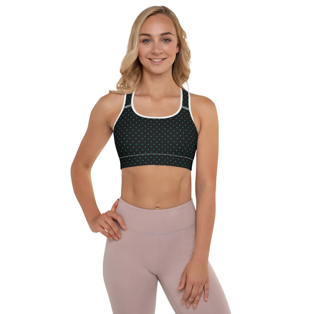Teal Blue Dots Sports Bra, Black Polka Dots Women's Padded Workout Bra - Made in USA/ EU