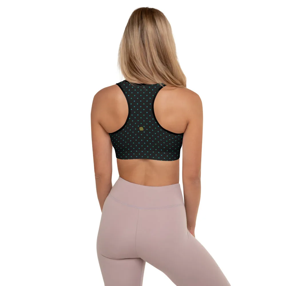 Teal Blue Dots Sports Bra, Black Polka Dots Women's Padded Workout Bra - Made in USA/ EU